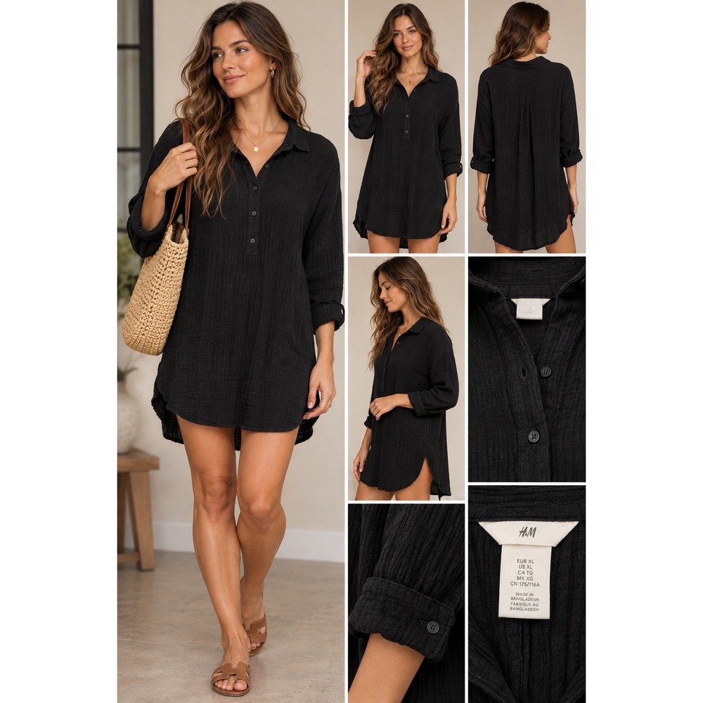 H&M Black Crinkled Cotton Gauze Tunic Dress XL Long Sleeve High-Low Hem
